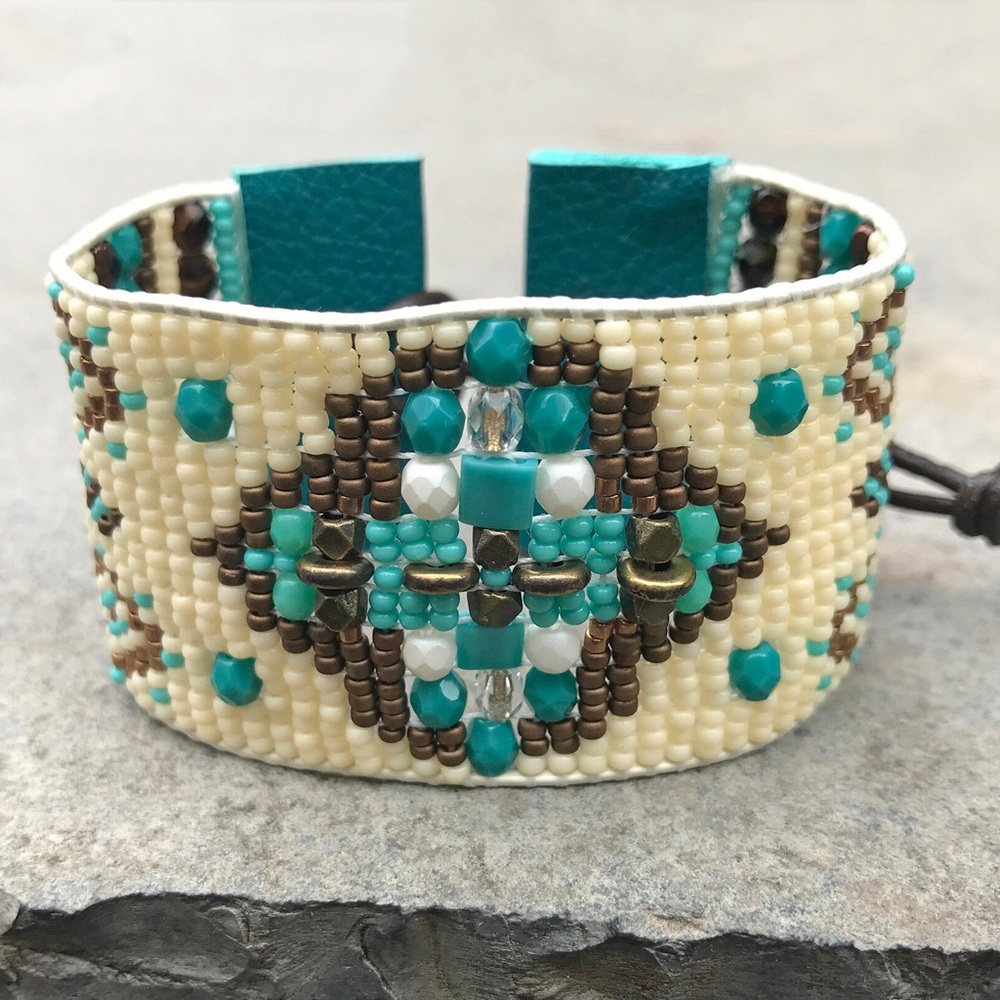 Boho beaded leather cuff bracelet